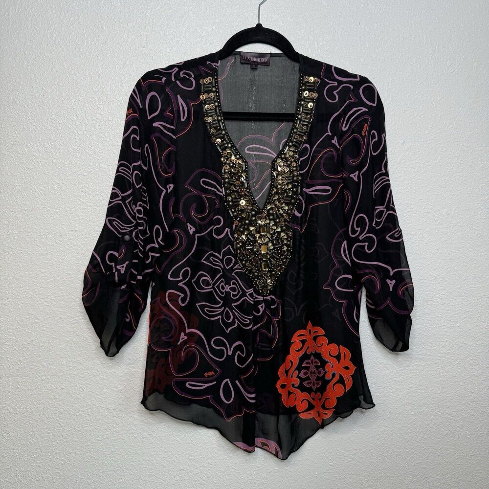Hale Bob Top Womens Small Black Floral Beaded Sheer V Neck Popover Tunic Small